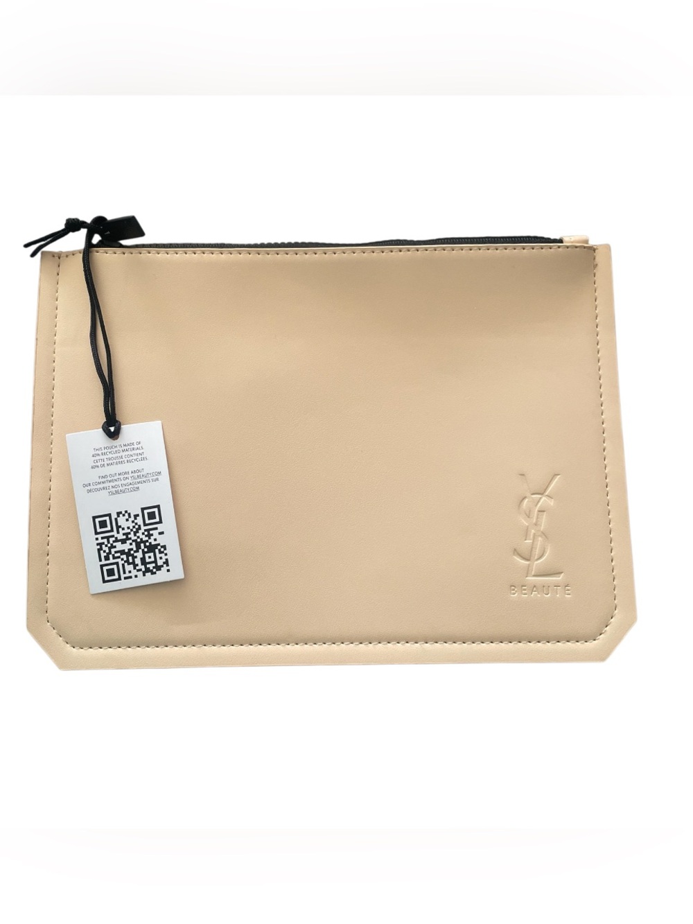 Yves Saint Laurent Beauty Beige Leather Pouch with Embossed YSL Logo